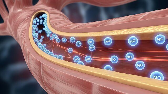 A medical illustration of a blood vessel with nitric oxide molecules