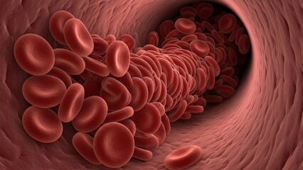 A close-up view of red blood cells flowing through a blood vessel