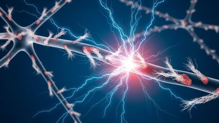 A neuron with electrical impulses and lightning effects