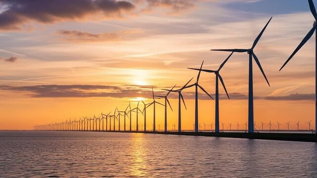 Windmills line the Dutch Ijsselmeer capturing renewable energy scale.