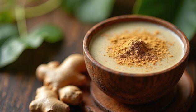 Traditional kava drink preparation shown in wooden bowl with kava powder sprinkled on top. Fresh kava roots are placed beside bowl on dark wood surface. Rich green foliage is blurred in background.