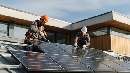 Construction workers installing solar panels on modern green house roof - Powered by Adobe