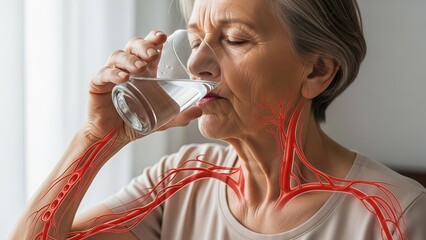 An elderly woman drinking water for hydration