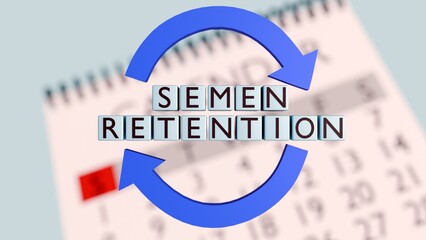 3D render of "SEMEN RETENTION" text with a cycle symbol and calendar. SR is a viral self-improvement practice of avoiding ejaculation to boost focus and energy.