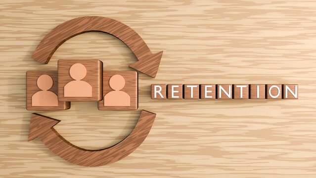 3D rendering of "RETENTION" on cube tiles, flanked by person icons and circular arrows. It symbolizes a cycle of employee loyalty and long-term commitment within a company environment.