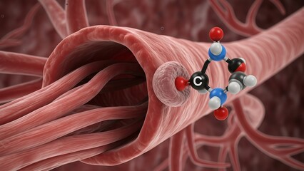A detailed illustration of a molecular structure within a blood vessel