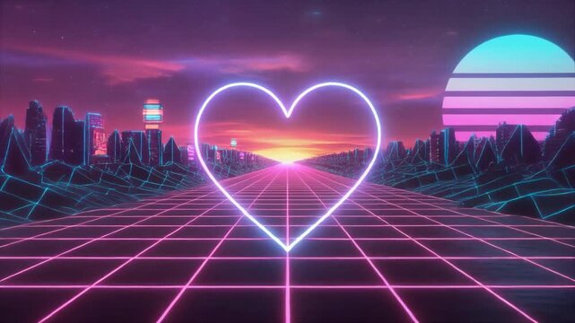 Heart-shaped neon light on grid floor with futuristic landscape and sunset background for love, technology, or retro-futuristic themed projects