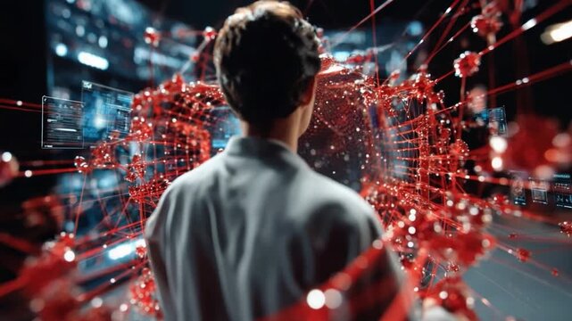 Technological Gaze: A person stands with their back turned, absorbed in a complex and vibrant data-driven environment, exploring the intricacies of connection and information.