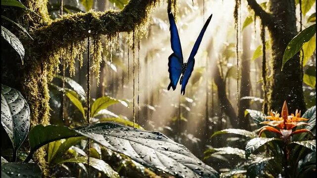 Blue morpho butterfly taking flight in tropical rainforest, iridescent wings glowing, motion frozen, sun rays filtering