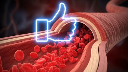 A glowing thumbs up inside a healthy artery with flowing blood cells