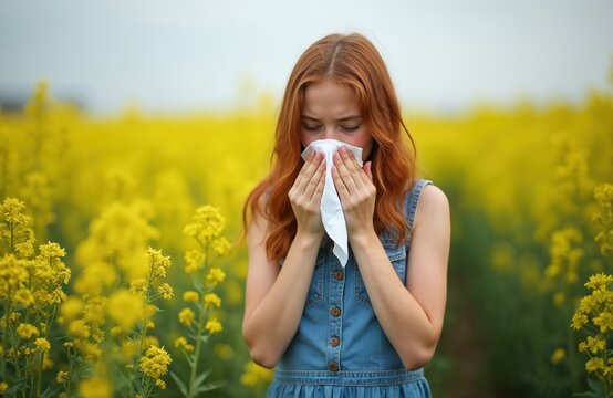 Girl sneezes into tissue while standing in rapeseed field. Redhead teen experiences pollen allergy symptoms outdoors. Summer flowers bloom around her causing discomfort and itchy eyes.