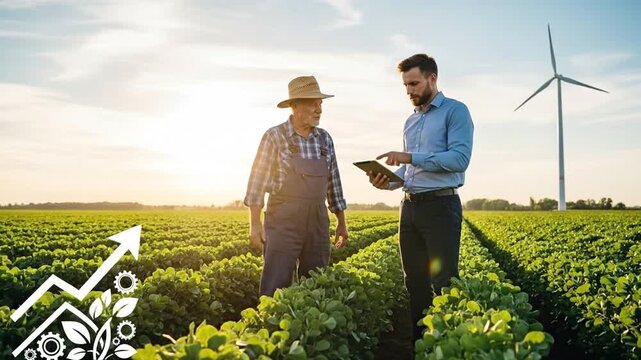 Farmer businessman discussing sustainable investment and advisory services.