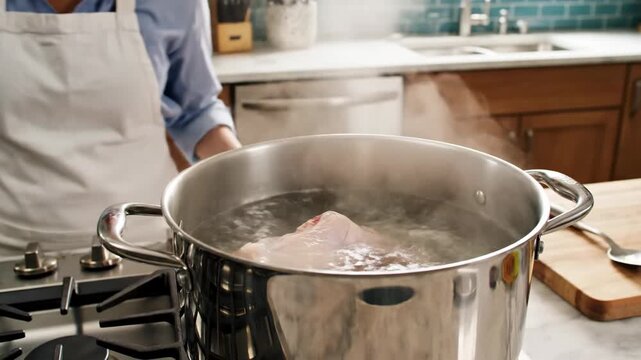 Person in kitchen cooking meat in large pot on stove with steam rising, tongs in hand, against backdrop of modern countertops and blue tiles