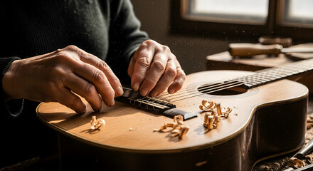 Luthier trabajando en guitarra acústica