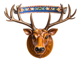 Carved wooden stag head with ornate ribbon above antlers
