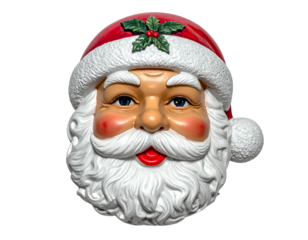 Close-up of a vintage, jolly Santa Claus mask with red hat