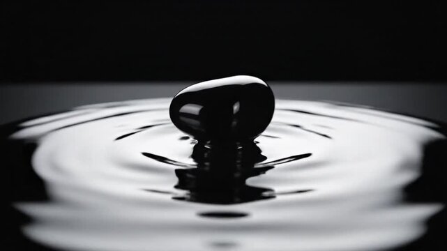 Close-up of a single water drop creating ripples on a dark water surface with a shallow depth of field and dramatic lighting.