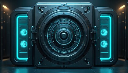 Futuristic data vault secures sensitive info. Glowing blue lights illuminate complex digital hardware for safe data storage and access. Cyber security concept.