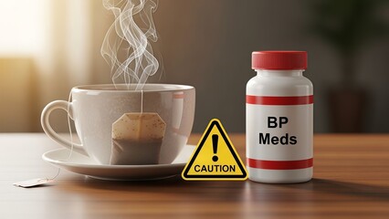 A steaming cup of tea next to a bottle of BP meds and a caution sign