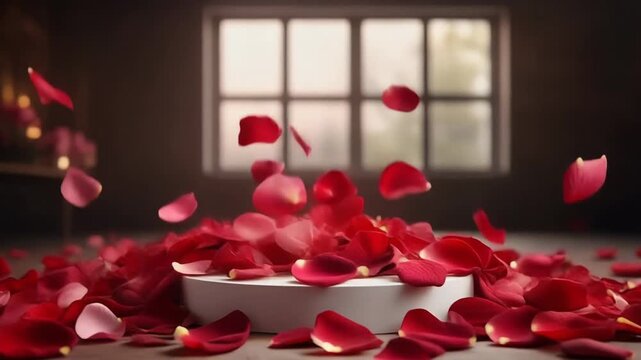 Romantic rose petals falling around a white pedestal in a dimly lit room with a window in the background, for Valentine's Day or wedding promotions