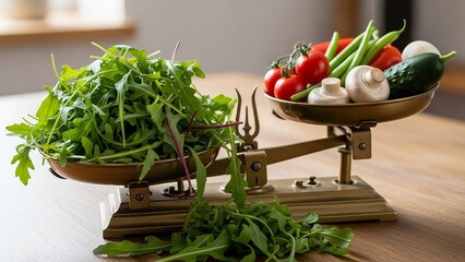 A kitchen scale with fresh vegetables and greens on a wooden table