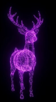 Digital wireframe representation of a male deer glows with vibrant purple illumination against a dark background