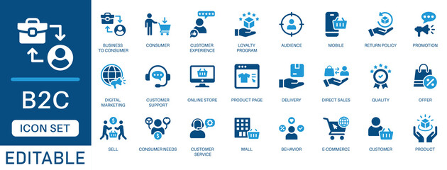 B2C icon set. featuring business to consumer, e-commerce, digital marketing, customer experience, online shopping, sales, support, delivery, consumer, behavior and more. perfect flat icon collection.