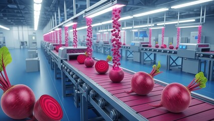 A modern factory production line with beets on a conveyor belt