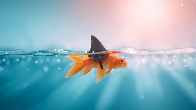 Goldfish Wearing Shark Fin Underwater, Surreal Metaphor for Confidence and Ambition