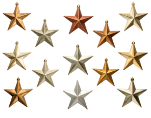 Array of metallic five-pointed stars in bronze, silver, and gold