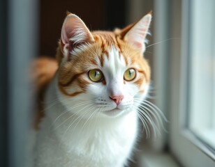 Ginger and white cat looks out window with curious green eyes. Domestic pet sits indoors by glass pane, observing world outside, awaiting interaction. Home life peace.
