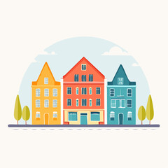 Fototapeta premium Colorful Three Story European Style Buildings Lined Up In A Row With Trees And A Cloudy Sky Background In A Flat Design Style