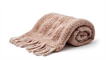 Soft pink knitted blanket with fringe rolled up on white background