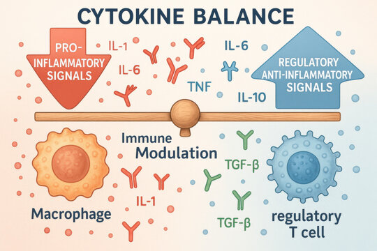 High detail biomedical illustration of cytokine balance, an immune modulation concept. This scientific diagram shows regulatory pro inflammatory and anti inflammatory signals from cell