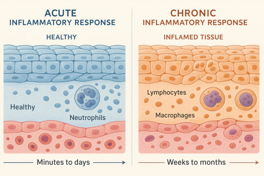 Biomedical illustration comparison of acute and chronic inflammatory response. Healthy tissue transitioning to inflamed tissue showing immune cell behavior side by side with color coding