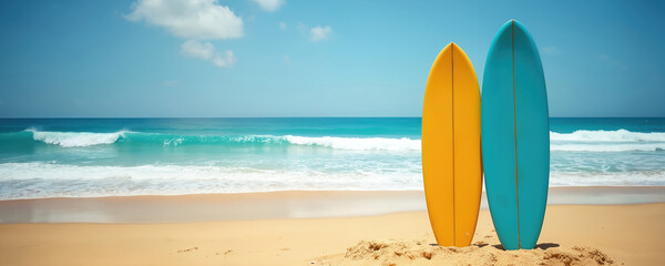 Two surfboards stand on a sandy beach next to the ocean. Clear blue sky and calm waves suggest a perfect day for surfing and summer fun. This image is great for travel, sports and relaxation themes.