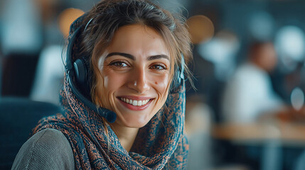 Smiling Woman in Call Center: Professional Customer Service and Support Environment with Headset and Diverse Team Communication