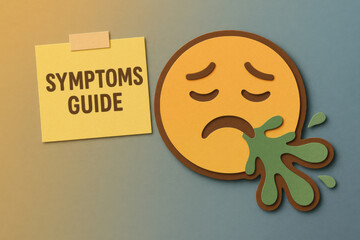 Upset stomach with nausea and acid splash concept. sick vomiting emoticon and sticky note with symptoms guide for illness or disease on muted gradient background
