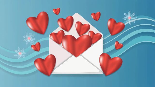 Valentine's Day card with hearts flying out of an open white envelope on a blue background with flowers