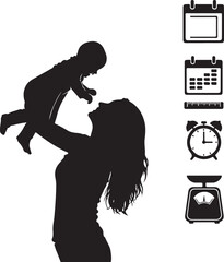 Mother holding baby silhouette with newborn milestone icons for calendar growth chart clock scale and infant tracking