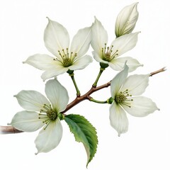 Obraz premium White dogwood blossoms on a branch, watercolor painting style. Delicate petals and green leaves are rendered with soft detail. Fresh bloom represents spring nature beauty.
