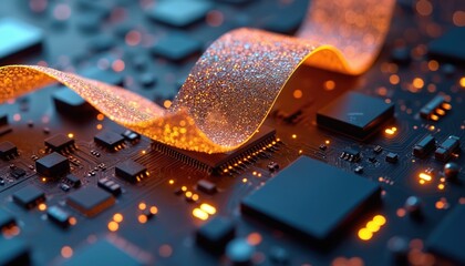 Graphene flexible circuit board glows with orange light. Electronic components and chips are visible on the dark surface. Advanced tech connects with smart materials.
