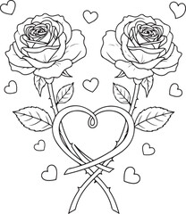 Two roses and intertwining heart vector outline, floral line art drawing, hand drawn isolated on transparent background