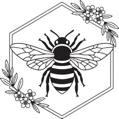 Artistic black outline bee illustration within geometric hexagon border with floral branch accents, transparent background