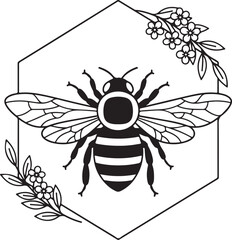 Elegant black and white bee illustration inside geometric hexagonal frame with floral branch accents on transparent background