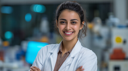 Obraz premium Inspiring Female Scientist in Laboratory - Smiling Science Professional in Healthcare & Biotechnology Research