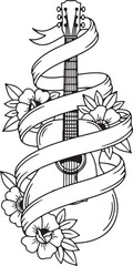 Acoustic guitar with ribbon and flowers musical instrument outline vector illustration for tattoo or design element