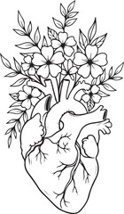 Anatomical human heart illustration surrounded by blooming botanical floral elements vintage sketch graphic design for tattoo art