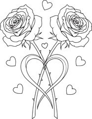 Romantic two roses stems intertwined forming large heart shape surrounded by small scattered hearts vintage line art drawing