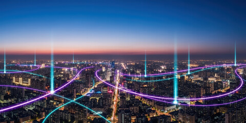 Futuristic technology connection concept connect abstract city wave line kuala lumpur landscape glowing at night, neon light point over modern skyline create digital network fantasy scene